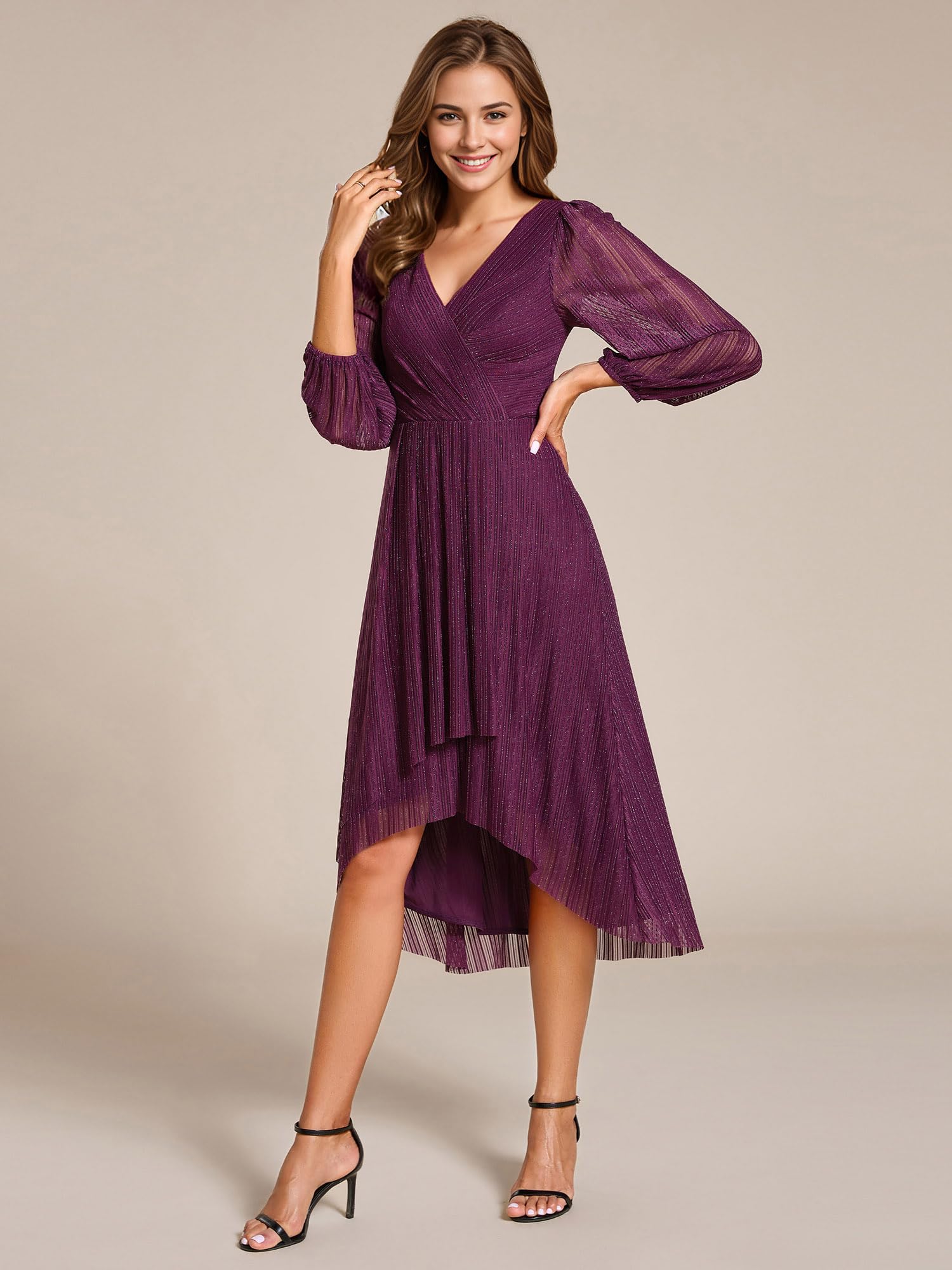 Ever-Pretty Vestido Boda Mujer Invitada Midi Elegantes Vestido de Fiesta Manga Larga Mujer EG02266