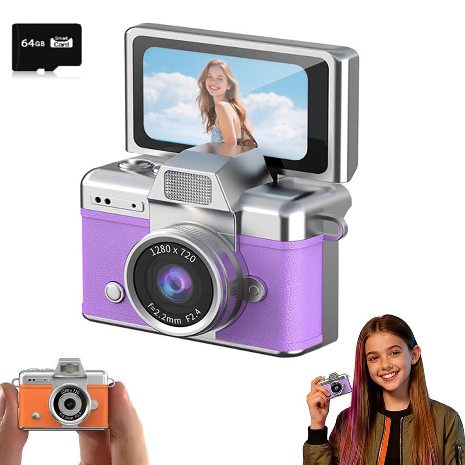 Mini Digital Camera with 1.47 in LCD Screen, 1080P Flip Screen Mini Camera with Built-in Flash & Flip Display, Portable Keychain Camera for Travel & Daily Use, with a 64GB Memory Card (Purple)