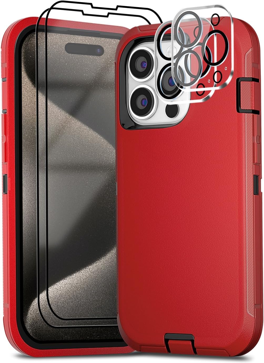 for iPhone 15 Pro Max Case 6.7" with 2 Screen Protector Tempered Glass & 2 Camera Lens Protector, Heavy Duty Full Protection Phone Case Military Grade Drop-Proof Cover(Red+Black)