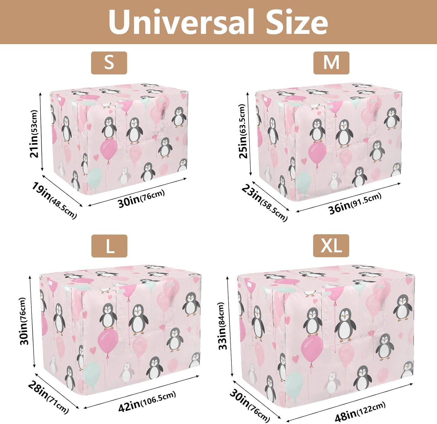 Cute Penguins Balloons Pink Dog Crate Covers Mesh Window Panels, Pet Crate Cover with Roll-up Sides, X-Large