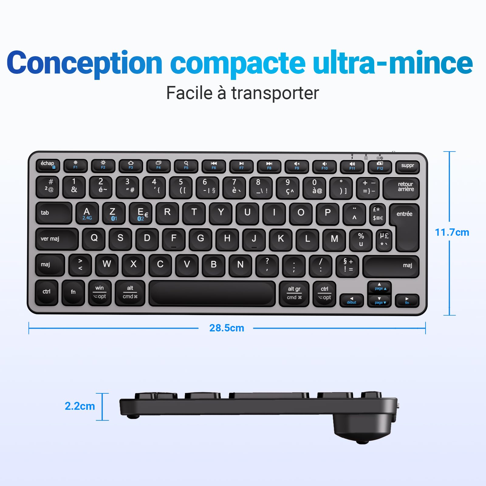 iClever Clavier Bluetooth, Clavier sans Fil, Compact, Ultra-Mince, Rechargeable, AZERTY Français pour iOS, Mac, Windows, Android,Gris