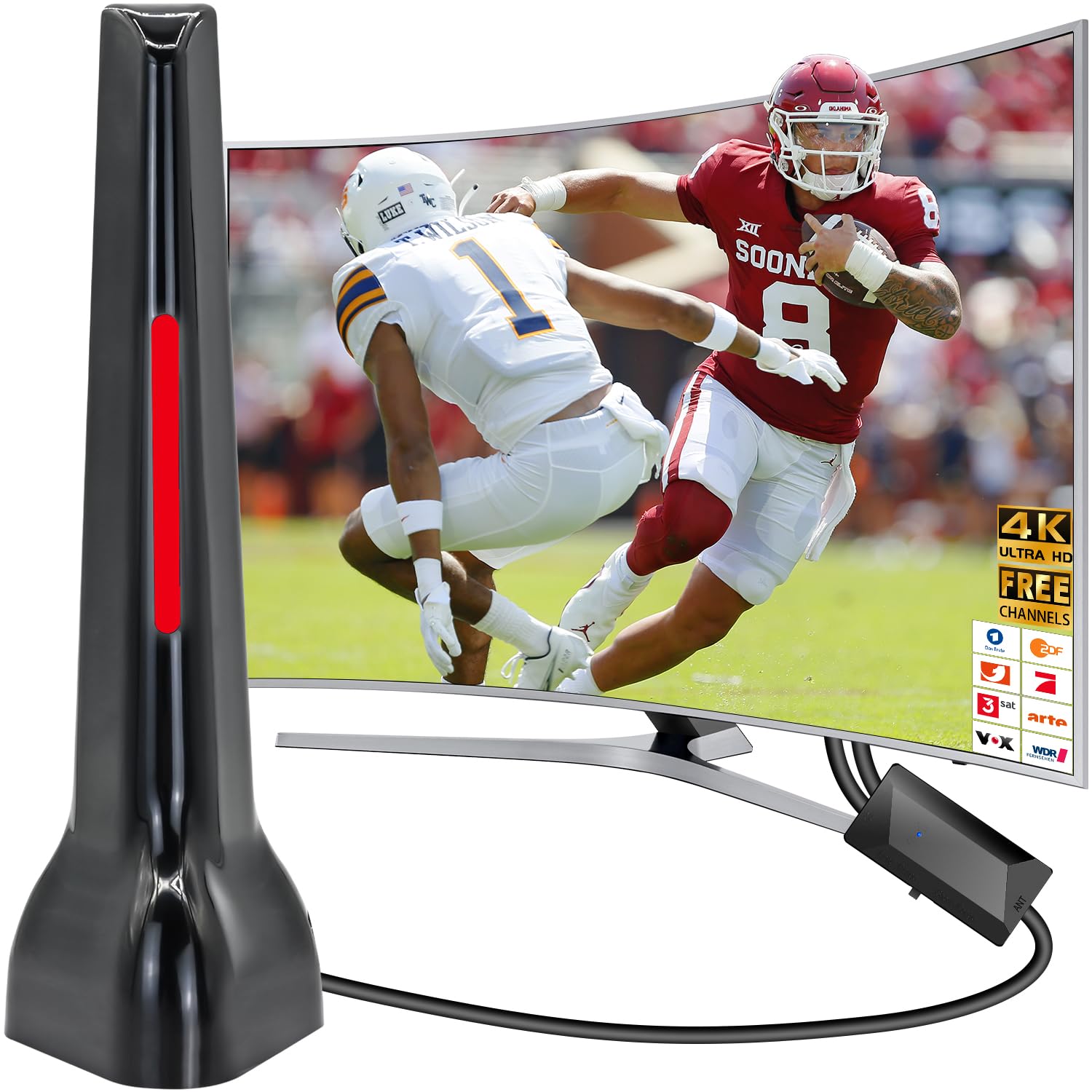 Dvbt2 antenne mit verstärker innen, Dvbt antenne, Dvb-t2 Zimmerantenne für Fernseher, 360° Allroundempfang, 4K HD lokaler Sender, Magnetfuß 3m Kabel (Rot)