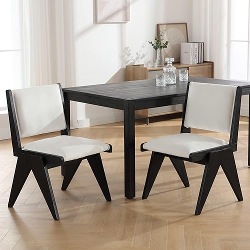 Miniatura 6 de BESTANO Juego de 2 sillas de comedor tapizadas de lino con patas de madera, modernas sillas de comedor acolchadas de mediados de siglo para cocina