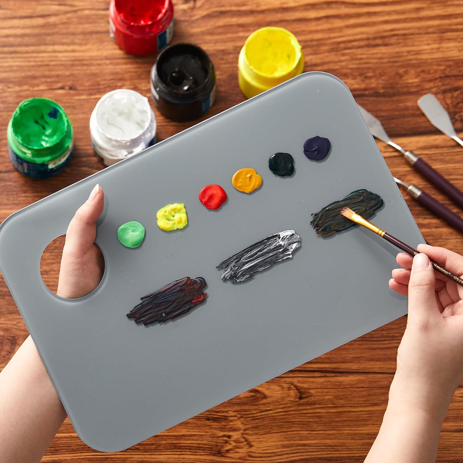Nuanchu 8 x 12 Inch Handy Rectangle Neutral Grey Tempered Glass Palette for Oil Painting Artist Paint Palette Scratch Resistant Clean for DIY Color Mixing