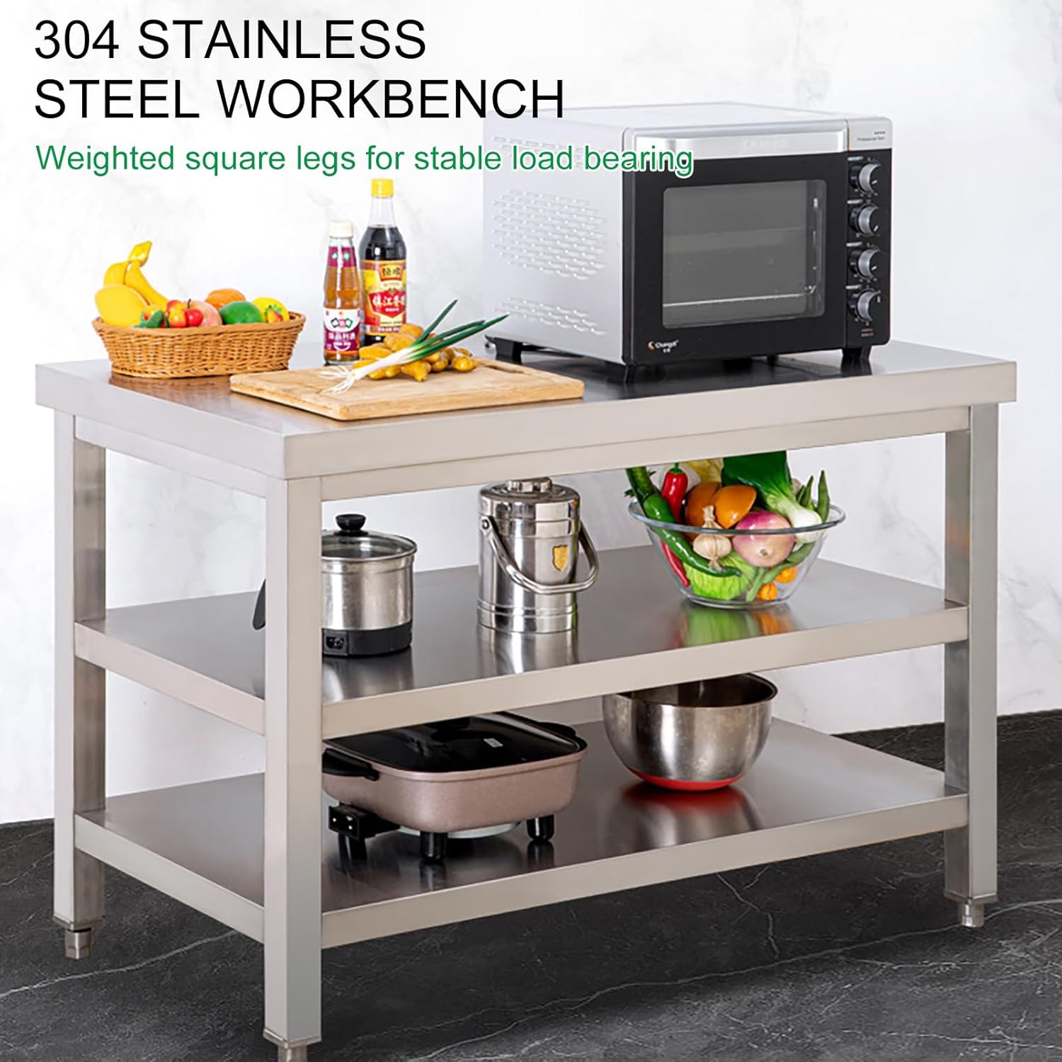 3-Tier Kitchen Catering Table, Stainless Steel Work Table, Adjustable Heavy Duty Food Prep Table, Food Prep Workbench, for Restaurant Home Hotel(60 * 60cm/23.6 * 23.6")