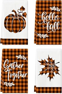Artoid Mode Buffalo Plaid Maple Leaves Pumpkins Hello Fall Kitchen Towels Dish Towels, 18x26 Inch Decoration Hand Towels Set of 4