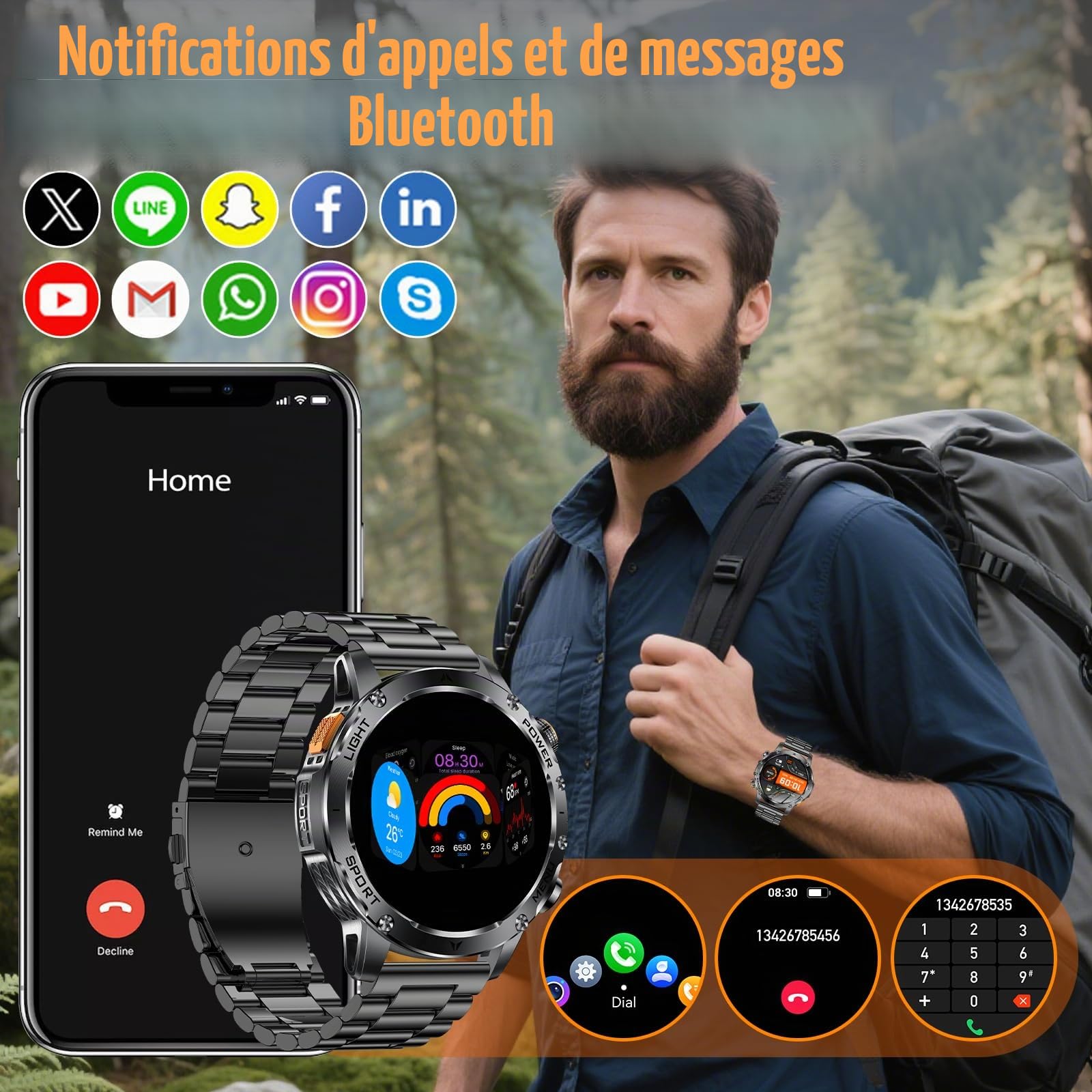 Montre Connectée Homme 1000mAh/LED Lampe, 1.7" HD Écran Smartwatch Homme avec Appel Bluetooth, Trackers D'activité 100+ Modes Sportifs, 24H Sommeil, IP68 Étanche, Podomètre Militaire Android iOS Noir