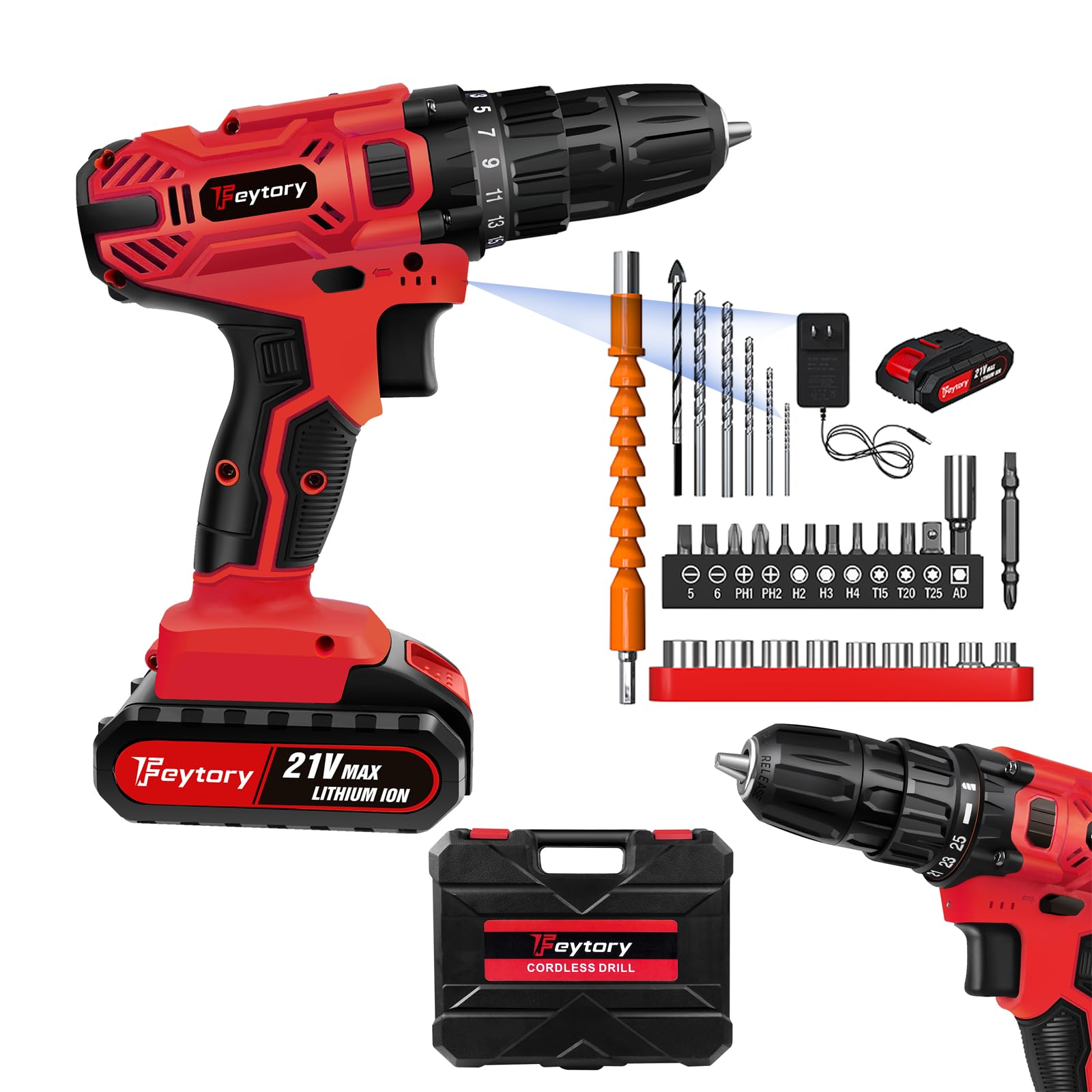 Electric Screwdriver 21V Cordless Power Drills with 25+1 Torque Setting, Handheld Wall Drill 29PCS Combi Drill Set Battery Drills On Offer with 1500mah Battery, Carry Case, Red