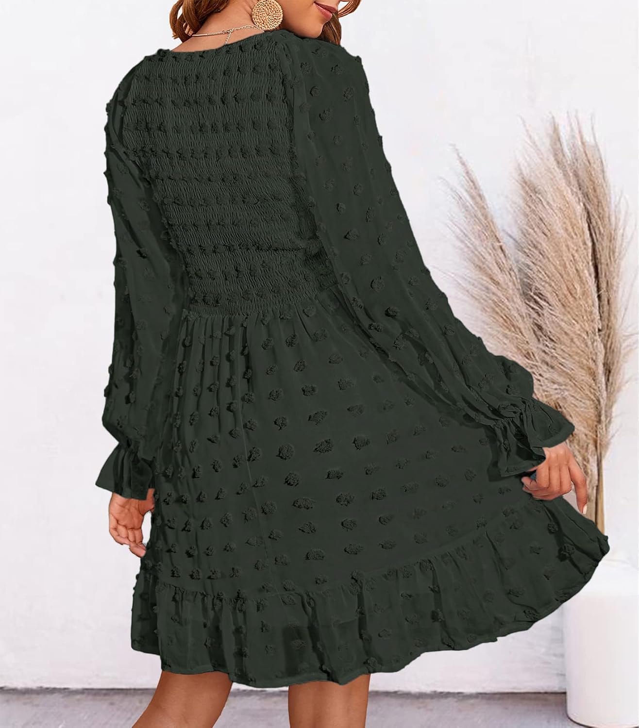 BTFBM Spring Dresses for Women 2026 Long Sleeve Casual V Neck Swiss Dot Smocked Ruffle Chiffon Flowy Mini Summer Dress - Image 5