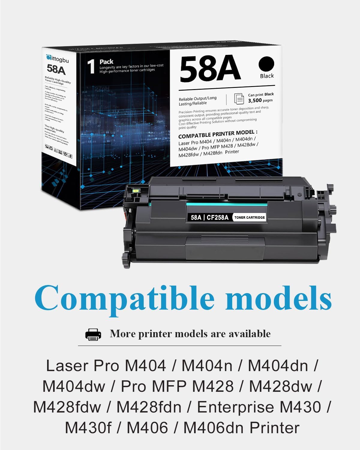 58A Toner Cartridge 1 Pack- Compatible 58A CF258A 58X CF258X Black Toner Cartridge Replacement for HP 58A CF258A Laser Pro M404 M404n M404dn Pro MFP M428 M428fdw Enterprise M430f M406dn Printers