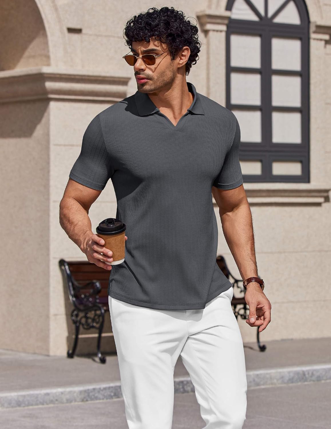 COOFANDY Men's Muscle V Neck Polo Shirts Stretch Short Sleeve Golf T-Shirts Ribbed Knit Soft Tees - Image 4