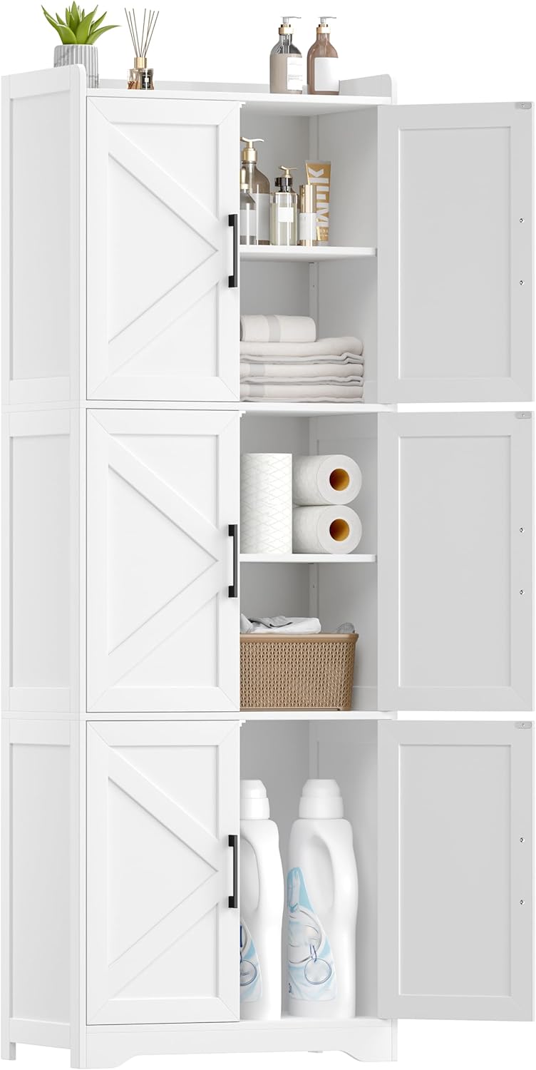 Tall Bathroom Storage Cabinet, Bathroom Floor Cabinet with 6 Barn Doors, 11.6''D x 22.6''W x 60.2''H, Adjustable Shelves, Linen Pantry Cabinet, for Kitchen Living Room, Entryway, White