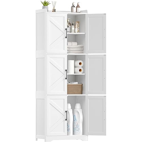 Tall Bathroom Storage Cabinet, Bathroom Floor Cabinet with 6 Barn Doors, 11.6''D x 22.6''W x 60.2''H, Adjustable Shelves, Linen Pantry Cabinet, for Kitchen Living Room, Entryway, White
