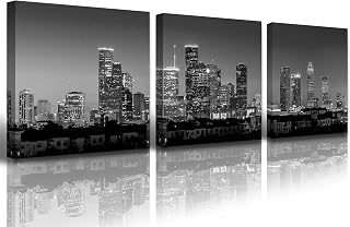 BLINFEIRU Houston Skyline Canvas Wall Art, Black and White City Pictures Wall Decor, Modern Night Cityscape Art Prints, Framed Artwork for Office Home Bedroom Living Room Decoration 16x16 Inch x3