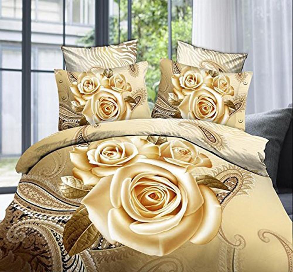 HomeABC 3D Rose Print Bedding Set Cover Sets Queen Size Yellow
