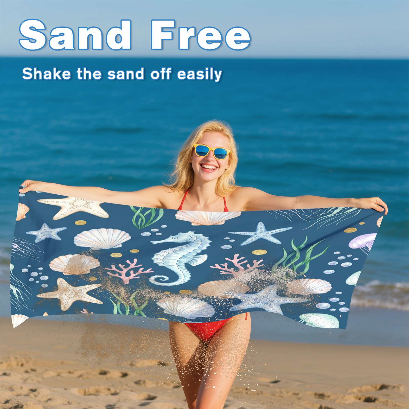 Serviette de Plage XXL Microfibre Coquillage étoile de Mer Hippocampe, Drap de Plage Séchage Rapide Anti Sable & Légère, Serviette de Bain Grande Taille 200x200 cm, Accessoire & Cadeau été