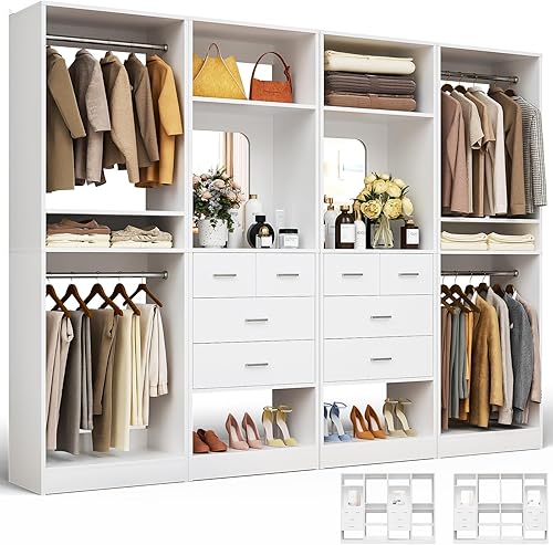 Unikito Sistema de armario de 100 pulgadas con cajones, organizador de armario de madera de 8.3 pies con varillas para colgar y diseño de espejo,