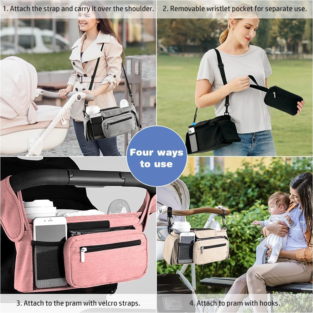 Sac organisateur pour poussette, sac organisateur poussette bébé avec porte-gobelet isolé et sangle pour l'épaule, pour couches et jouets, poussette de bébé avec 2 crochets (blanc)