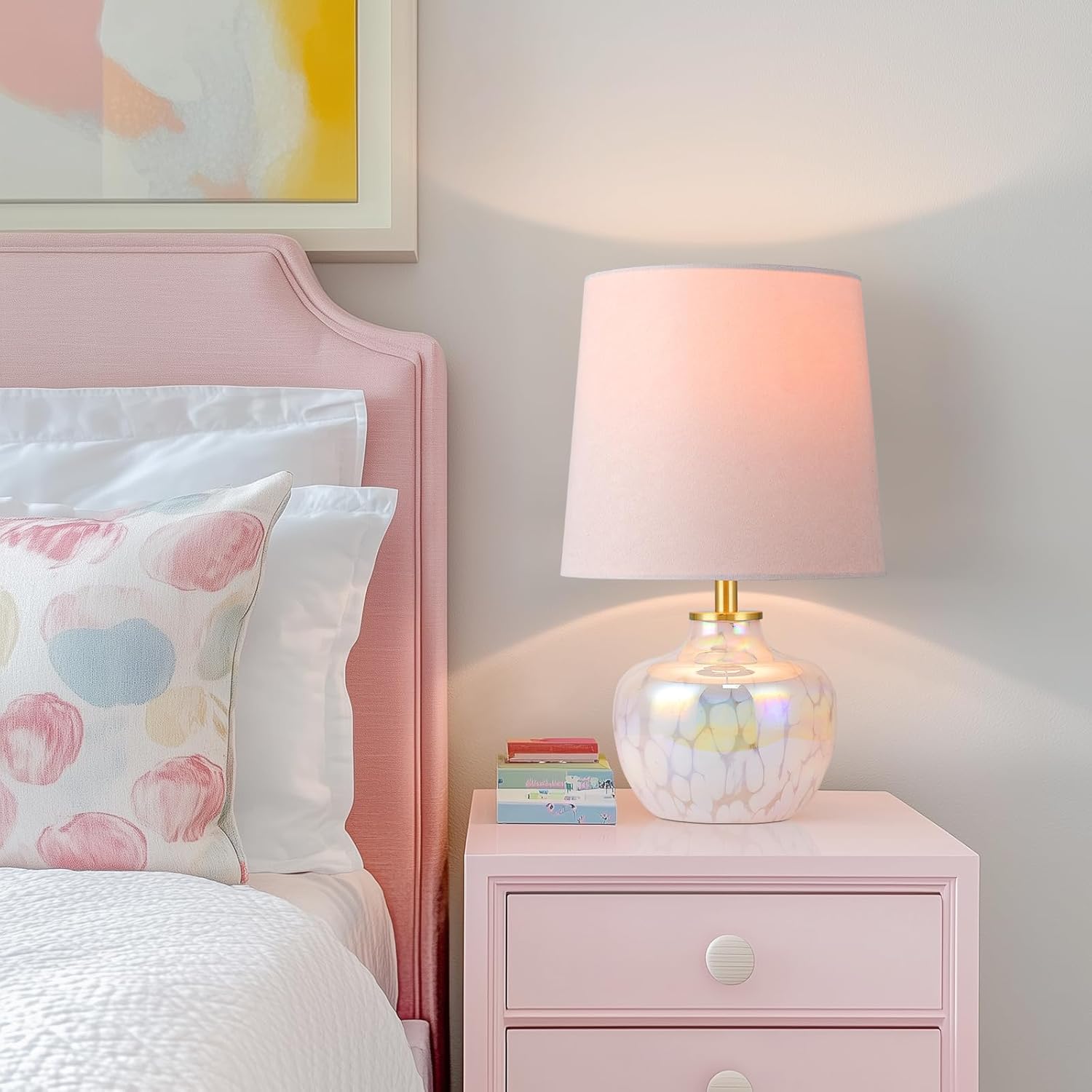 2 Pack 15" Hand-Blown Glass Table Lamp Set, Blush Pink Velvet Shade, Pearlized Swirling Cloud Base, Small Accent Lamp for Girls Bedroom Nightstand, Living Room, Kitchen Counter