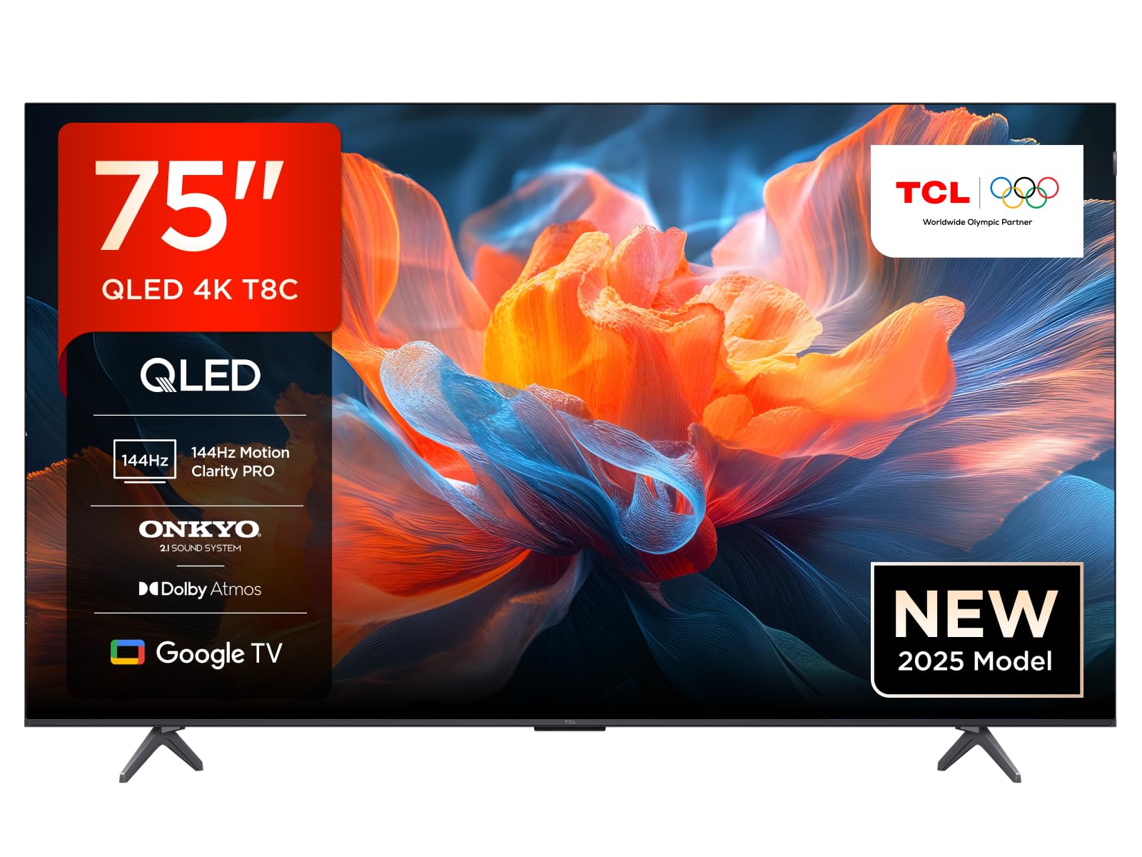 TCL 75T8C TV QLED 4K HDR Ultra HD da 75'', QLED TV con tecnologia Google TV (Dolby Vision e Atmos, Motion Clarity Pro a 144 Hz, FreeSync, audio Onkyo 2.1, compatibile con Google Assistant)