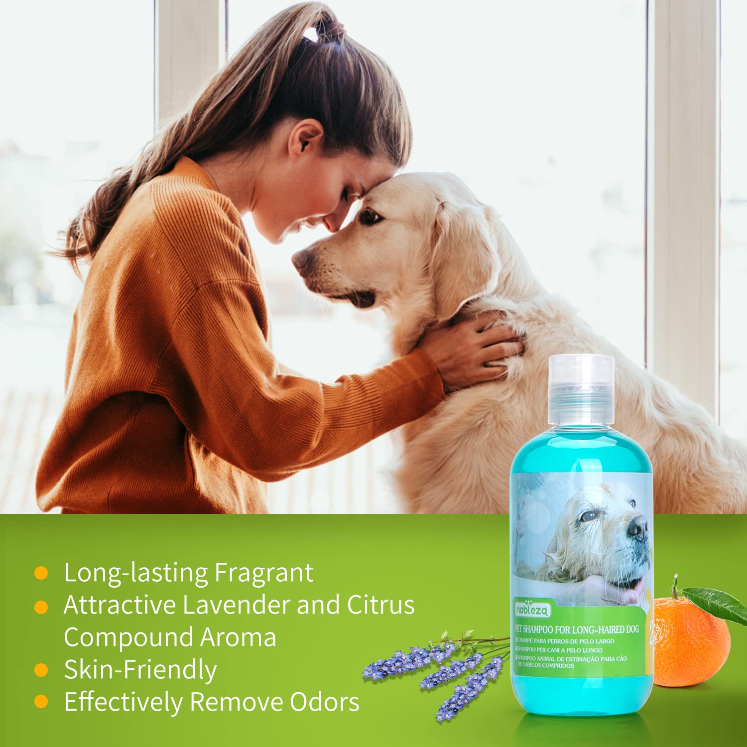 Nobleza Shampoo per Cani Pelo Lungo, Effetto Districante, Shampoo Cane Pelo Lungo, Antibatterico e Dermoprotettivo, Dermatite e Ipoallergenico con Lavanda e Profumo di agrumi 250 ml