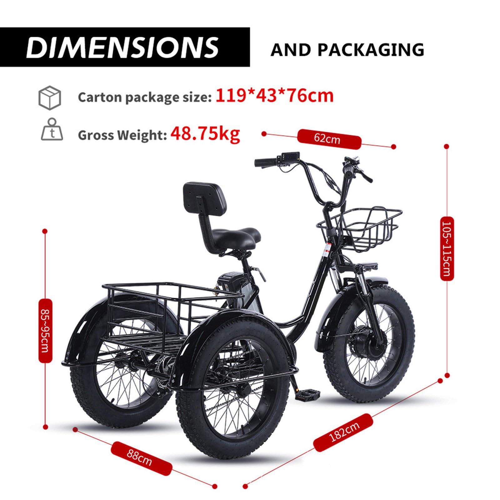 Tricycle Cargo électrique Utilitaire pour Adultes Seniors, 20 Pouces, 6 Vitesses, Batterie Amovible 48 V 13 Ah, autonomie de 40 km, Grands paniers Avant et arrière, écran LCD