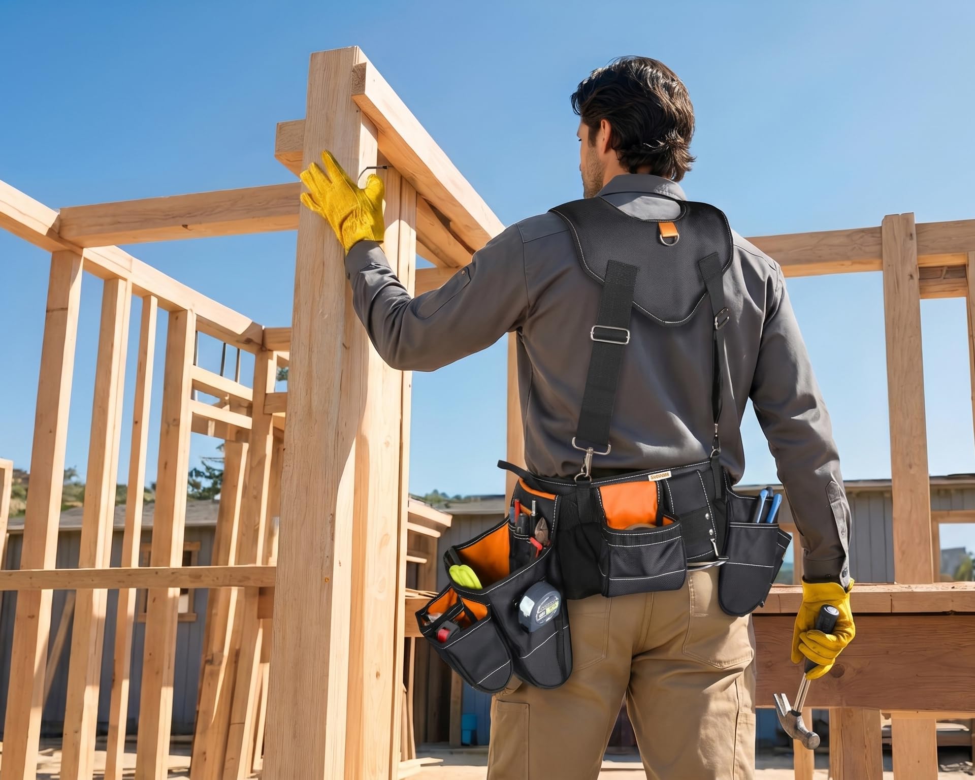 Werkzeuggürtel-Hosenträger für Herren, gepolstert, für Tischler, Bauarbeiten, Elektriker, Arbeit, Hosenträger mit 4 Befestigungsschlaufen (schwarzer Werkzeuggürtel, 7 Stück, Taille 91,4–127