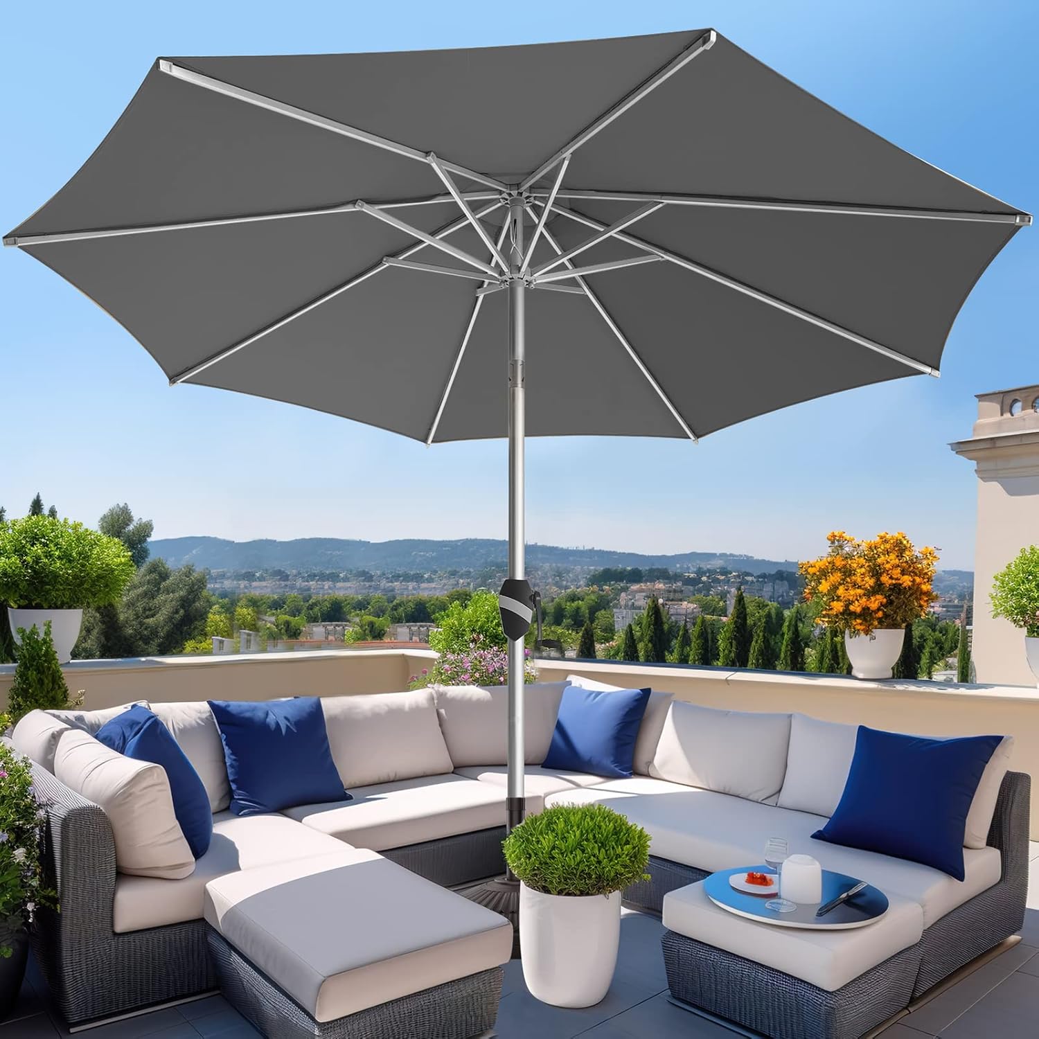 wikiwiki 9 FT Aluminum Outdoor Patio Umbrella, 5-YEAR Fade-Resistant Outdoor Market Table Umbrella with Push Button Tilt, for Pool, Deck, Garden and Lawn, Grey 9 FT Grey