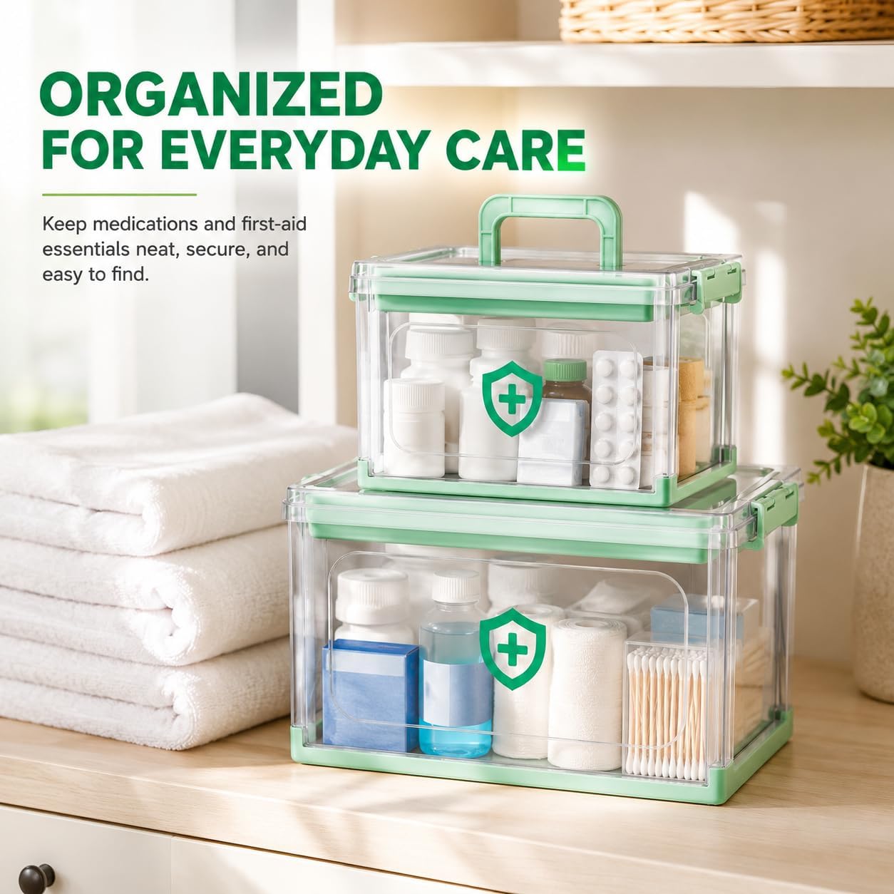 Medicine Box,2 Pack Medicine Storage Box with Large Capacity Layered Storage,Portable Handle and Green Organizer Case for First Aid Box Empty for Home & Travel