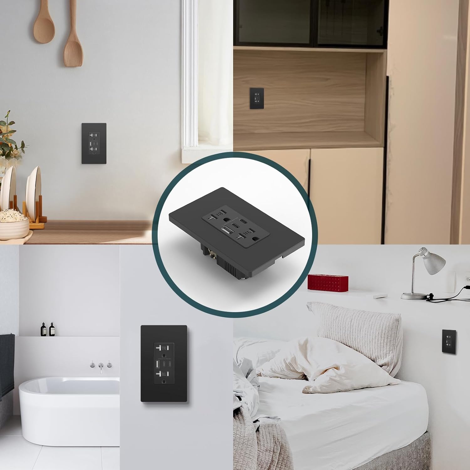 TOPELER 6.0A Black USB Wall Outlet Charger, 20Amp Duplex Tamper-Resistant Receptacles, Electrical Power Outlet with Type A & Type C Ports, Wall Plate Included, ETL & FCC Listed