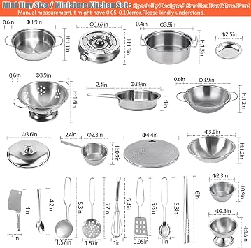 Tiny Classic Stainless Steel Kitchen Toys Cooking Utensils Set-Pretend Play Pots Pans Toy Cookware Kits for Kids Cooking Utensil Set Interactive Learning Role Play Educational Toys for Kids Mini Size