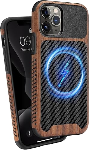 Funda magnética compatible con iPhone 11 Pro Max compatible con MagSafe diseño de fibra de carbono de madera y cuero, funda híbrida a prueba de