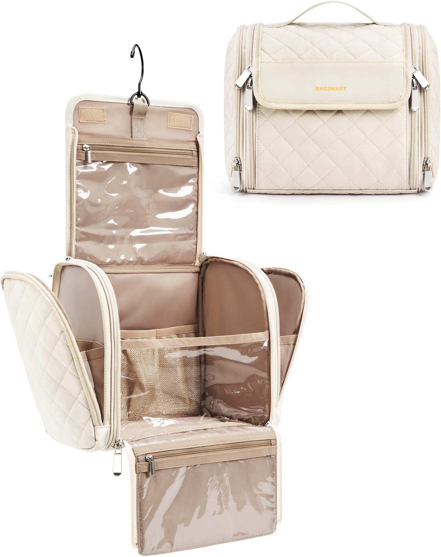 Hanging Toiletry Bag Large Makeup Bag for Women Travel Wash Bag, Portable Cosmetic Case with Handle,Travel Essentials Organiser for Full Size Cosmetics & Toiletries, Beige