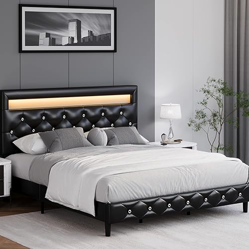 Miniatura 3 de Keyluv Moderno marco de cama Queen tapizado con luces LED, base de cama de piel sintética de bajo perfil, cabecera capitoné ajustable con botones de