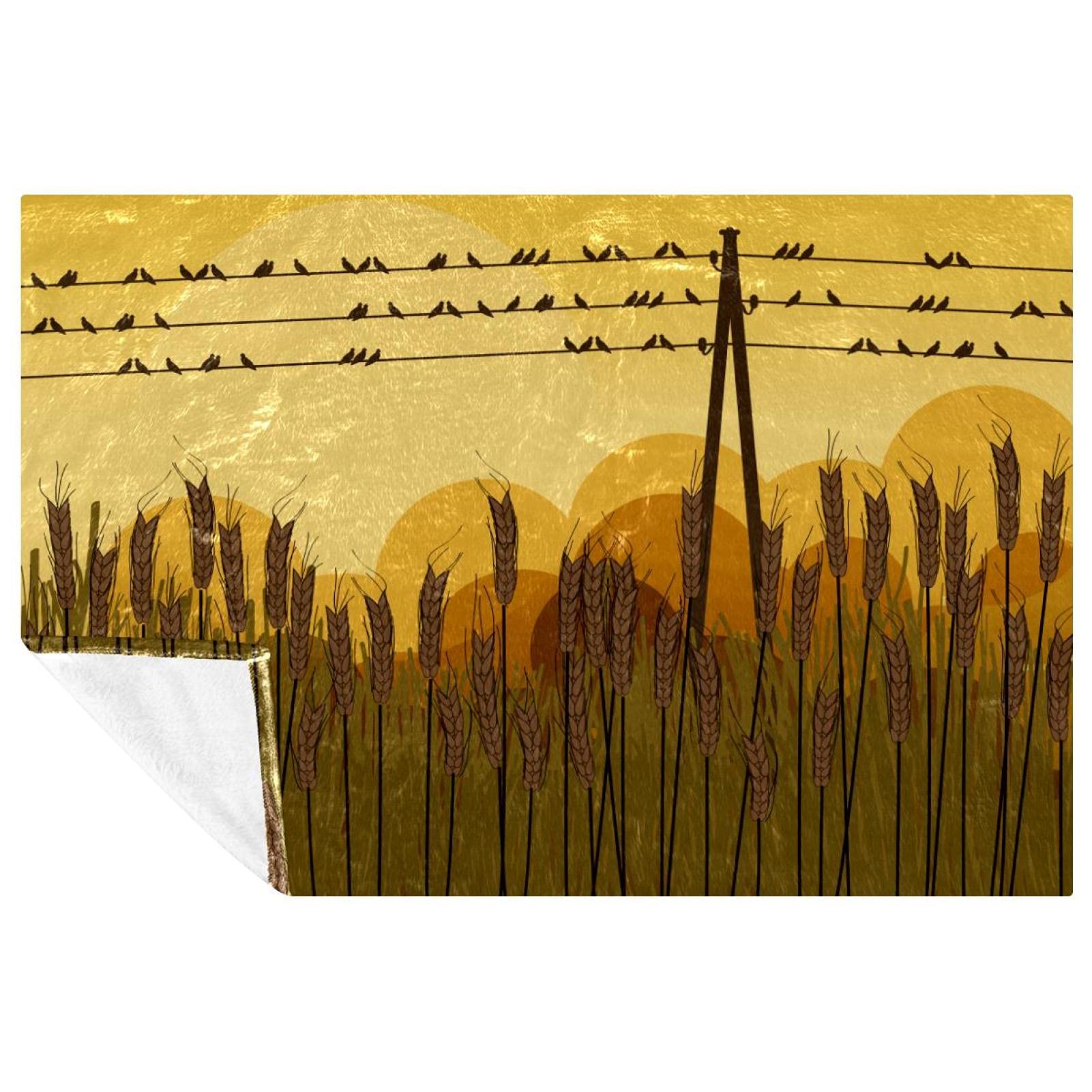 Couverture douce et chaude premium au design d'oiseaux et champs de blé