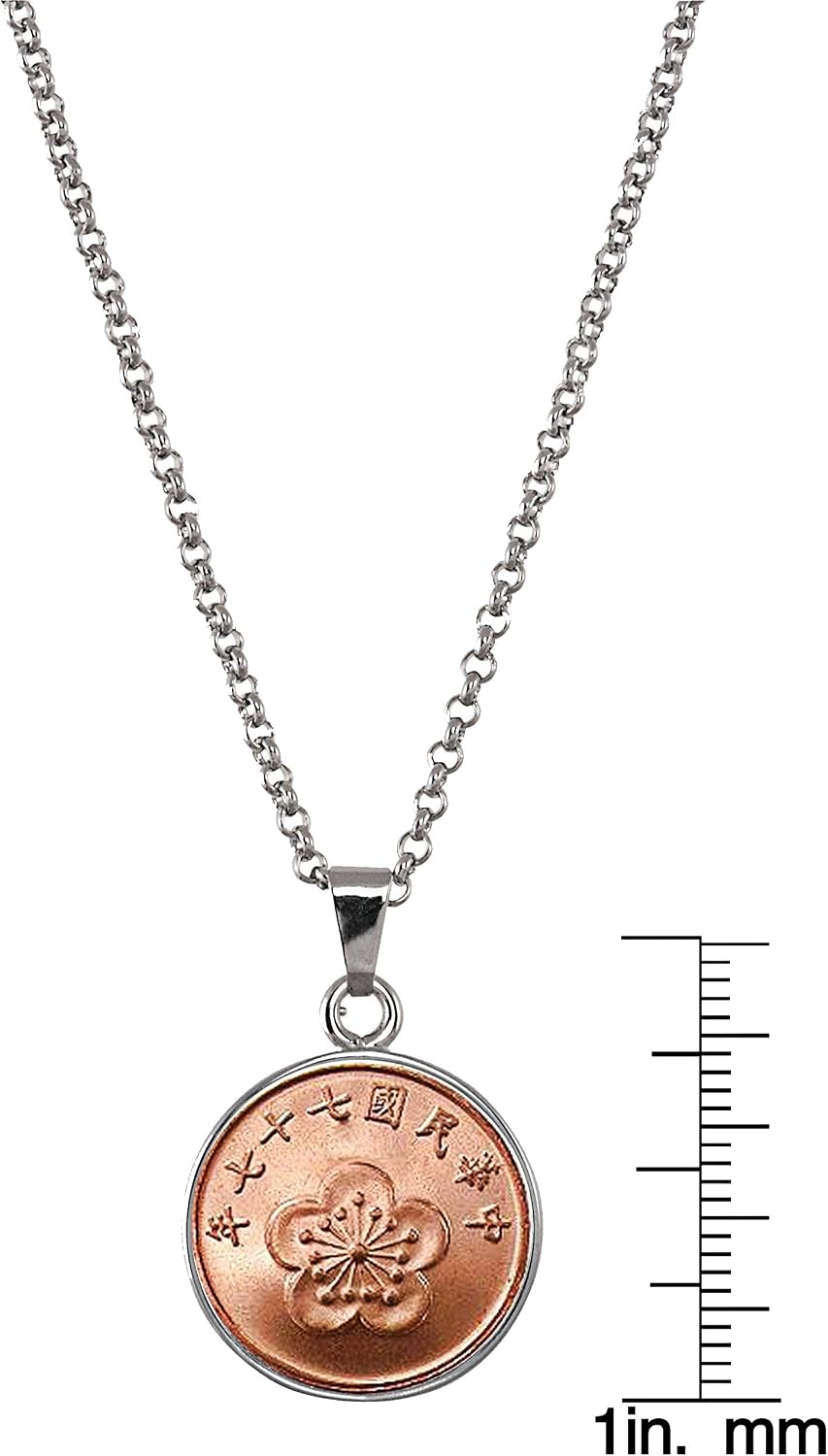 American Coin Treasures Lucky Taiwan Blossom Coin Silvertone Pendant Necklace| ½ New Dollar Mei Blossom Chinese Coin | 18 Inch Cable Chain Jewelry