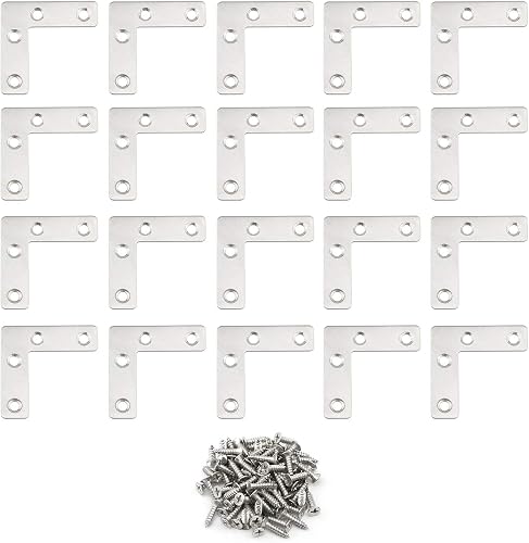Pxyelec 4 Holes Angle Plate Corner Brace Flat L Shape Repair Bracket Connector Fixing Repair Plated Joint Bracket Wooden Furniture Fixture Protector 50mm x 50mm / 2 x 2 inch, Pack of 20