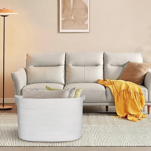 Miniatura 4 de Cesta de almacenamiento extra grande blanca, 23.6" x 17" x 12" rectangular para cobijas para sala de estar, cesta tejida de cuerda de algodón