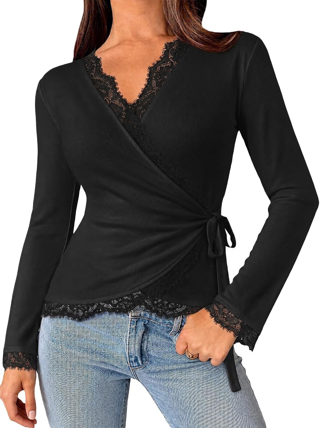 Tankaneo Womens Long Sleeve Lace Shirts Slim Fit V Neck Blouse with ...