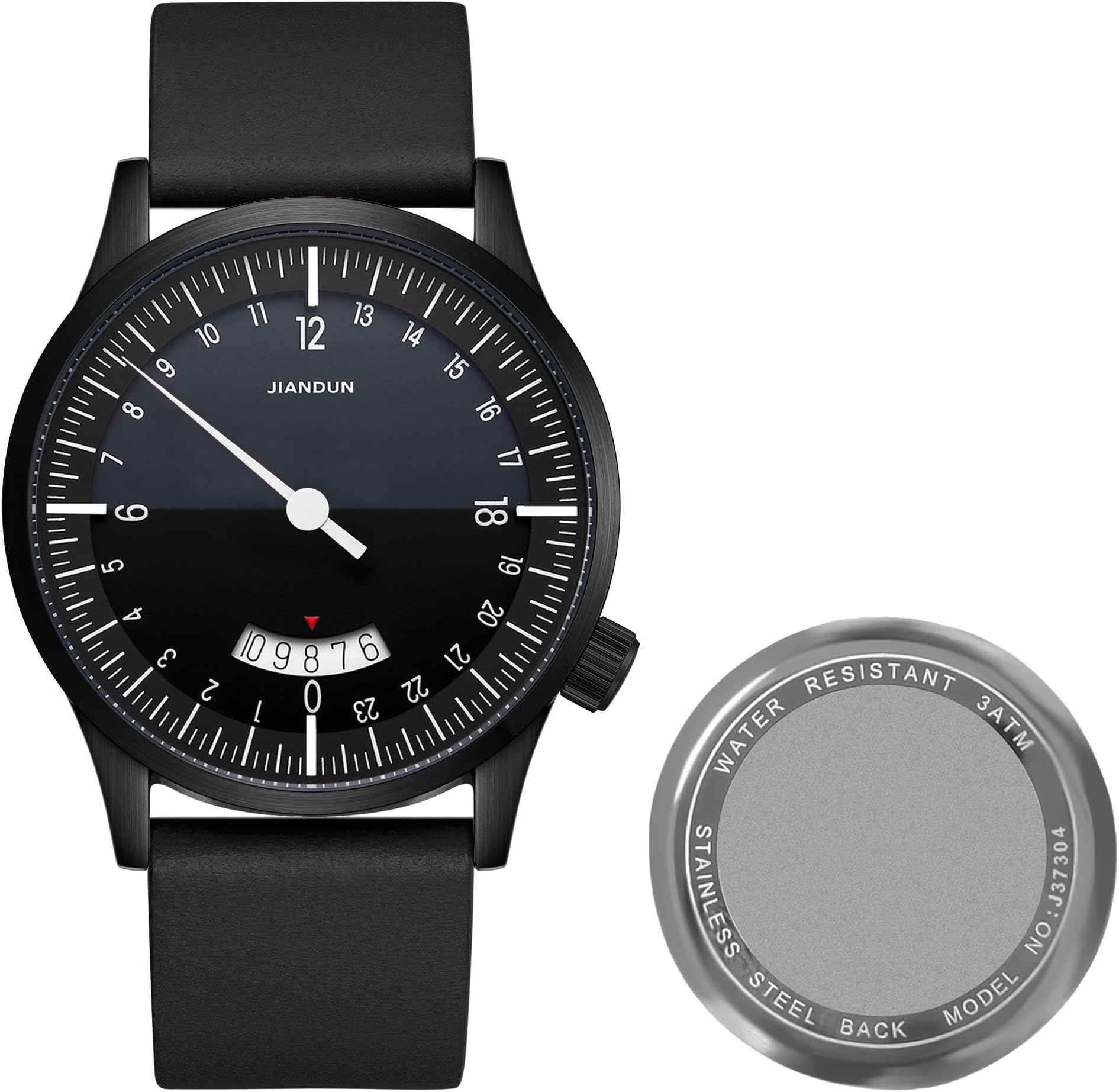 Swiss Movement Men's One Hand 24 Hour Watch Single Hand Black Case with Italian Leather Strap