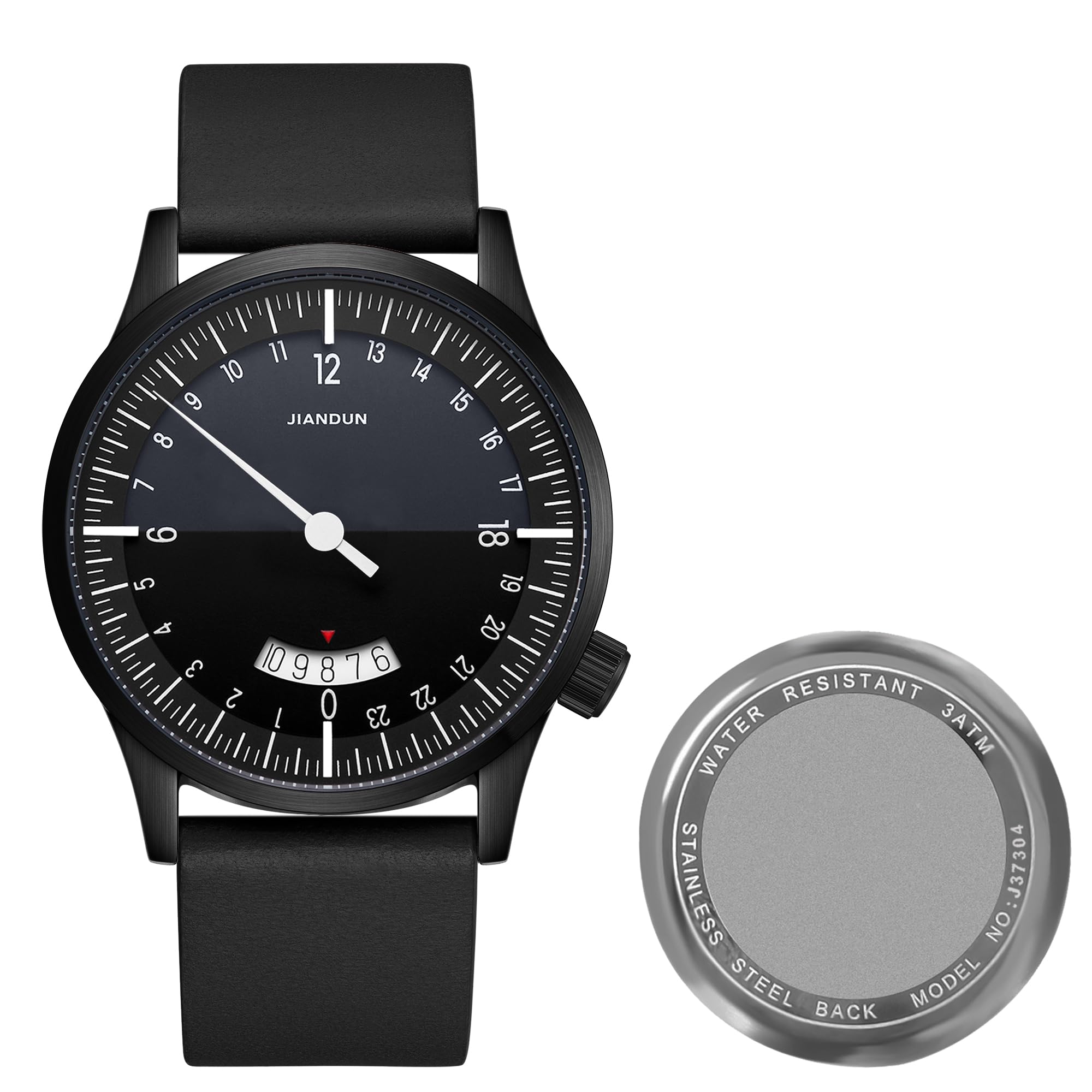 JIANDUN Swiss Movement Men's One Hand 24 Hour Watch Single Hand Black Case with Italian Leather Strap