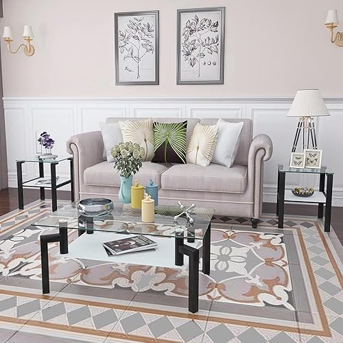 Juego de 3 mesas auxiliares de cristal negro para sala de estar, mesas auxiliares modernas, mesa de esquina con ruedas, patas de metal marrón, mesa