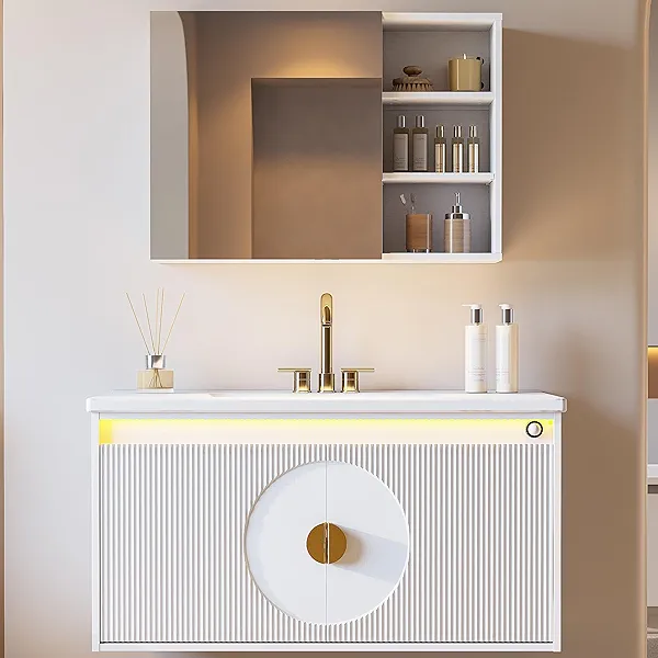 IRONCK Floating Bathroom Vanity with Sink, Mirror Medicine Cabinet, LED Strip Light, 36 Inches Modern Wall Mounted Sink Cabinets & Mirror Cabinets Set with Large Storage Space, White