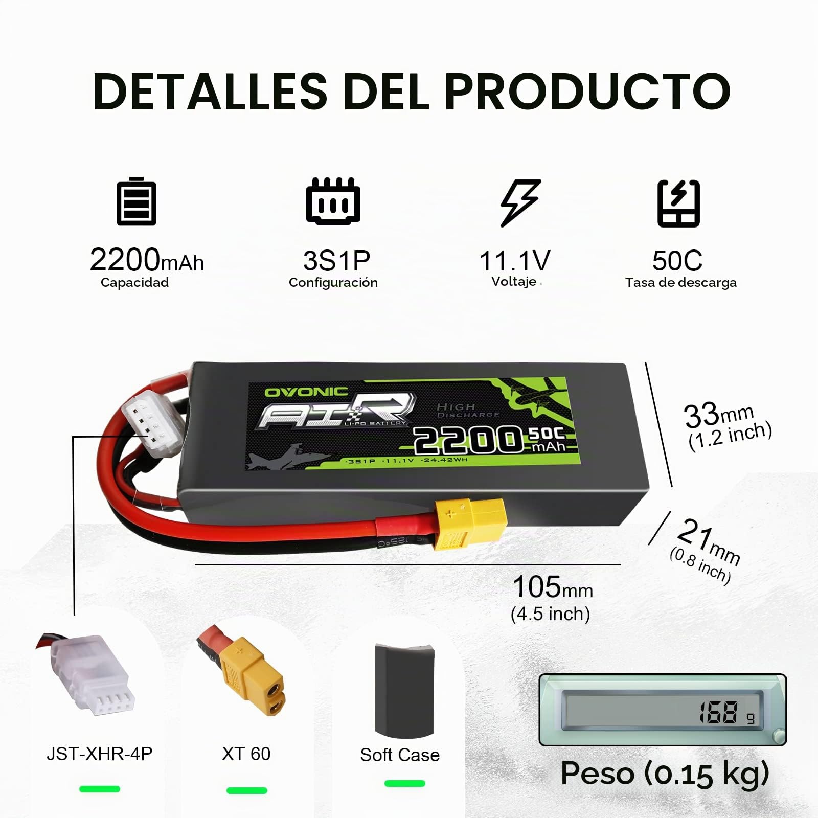OVONIC 3s Lipo Batería 11.1V 2200mAh 50C con XT60 para RC Evader Bx Car RC Truck RC Truggy RC Airplane UAV Drone FPV (2 Piezas)
