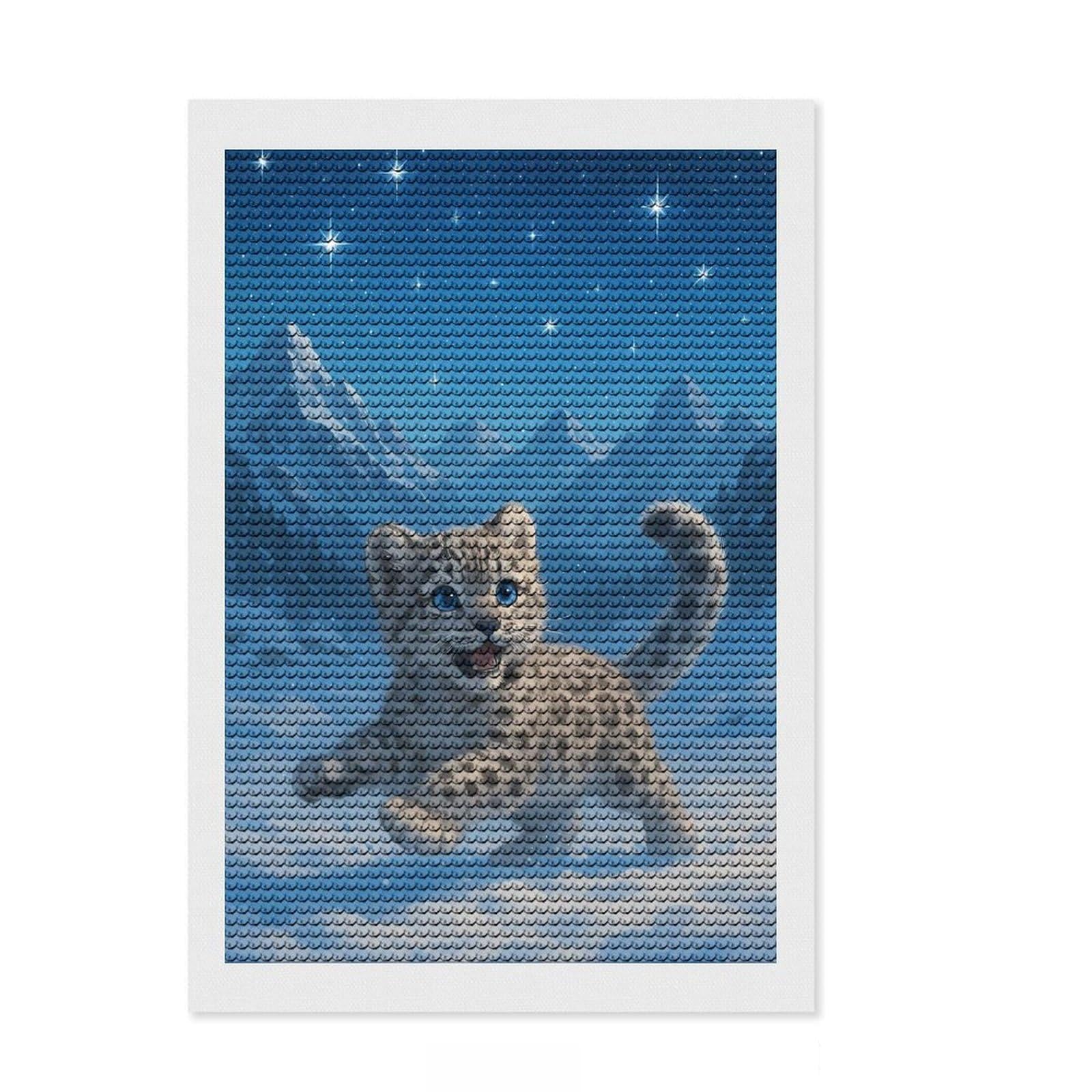 Junmoney Snow Leopard Cub in Winter Landscape DIY Diamond Art Canvas Kit 8"x12", Adhesive Canvas, Modern Decor, for Creative Relaxation, Gift Idea, with Tool Kit