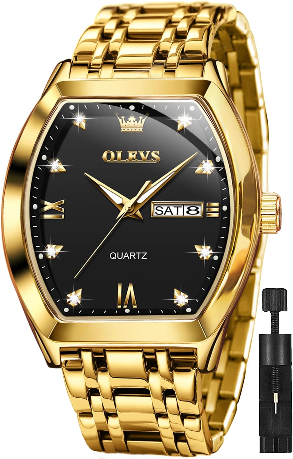 OLEVS Mens Gold Watch Business Dress Diamond Wrist Watch Tonneau Big Face Easy Reader Stainless Steel Waterproof Date Male Watch