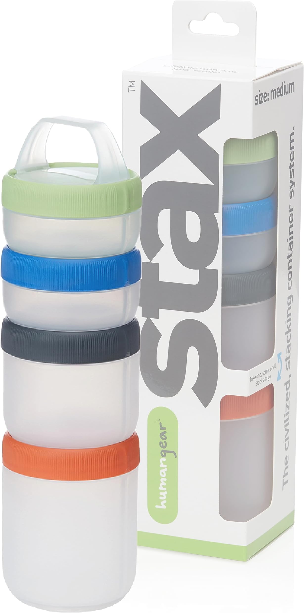 STAX, Stackable Snack Containers - 4-Piece Leak-Proof Snack Travel System - FDA-Food Safe, BPA/PC/Phthalate-Free - Stackable & Click-Together Food Storage, Medium
