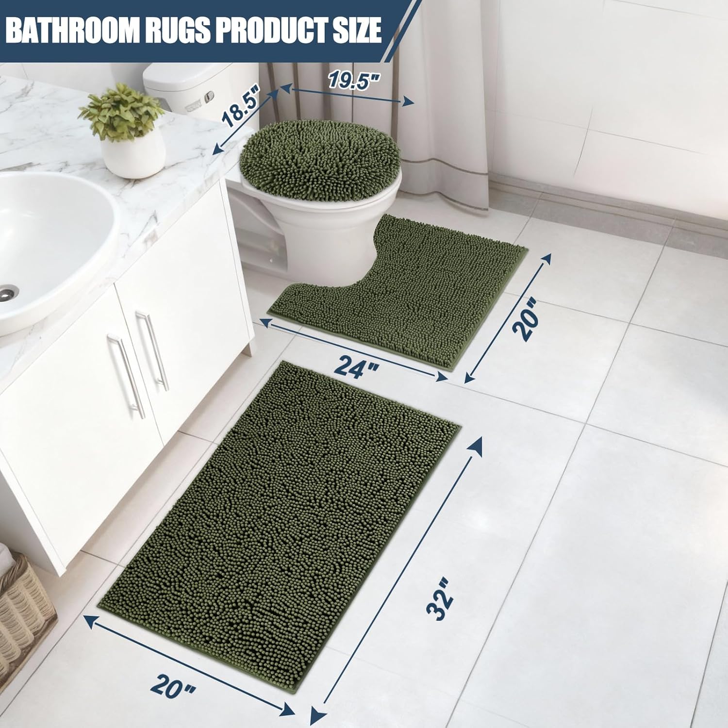Bathroom Rugs Sets 3 Piece with Adjustable Toilet Seat Cover 19.5"x 18.5" Machine Washable Bath Rug Set with TPR Non Slip Rubber Backing Solid Bath Mat Set for Luxury Bathroom Decoration