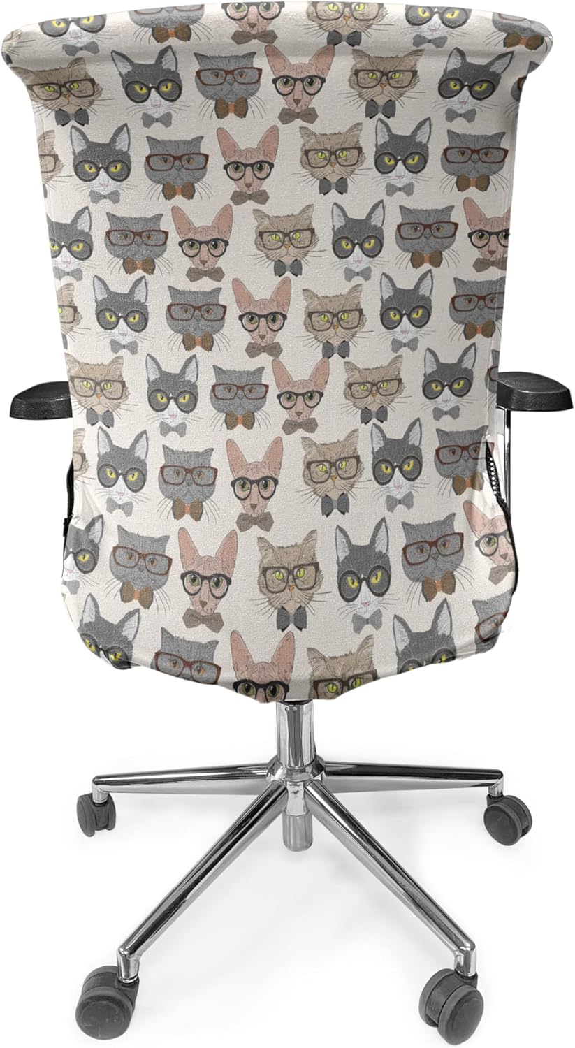 Ambesonne Cat Office Chair Cover, Hipster Nerd Characters with Vintage Sunglasses Intelligent Feline Serious Expressions, Stretchable Decorative Universal Size High Back Printed Slipcover, Grey Beige
