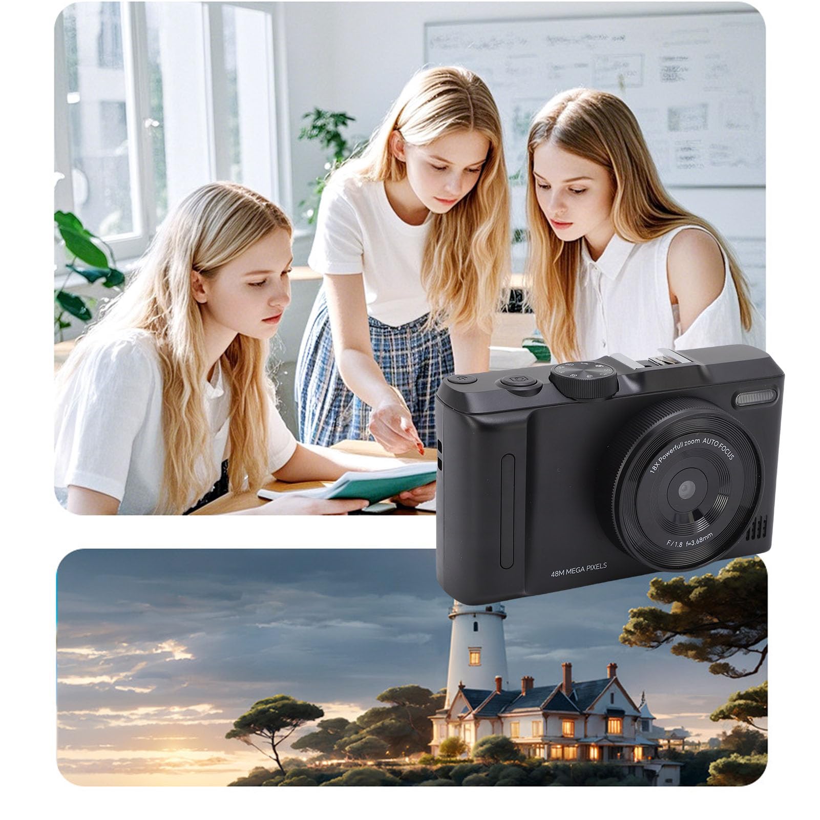 Bewinner Fotocamera Digitale 4K per la Fotografia, Fotocamera da 48MP con 3 "180 ° Flip Screen, Anti Shake, 18X Digital Zoom Vlog da Viaggio per Principianti (BLACK)